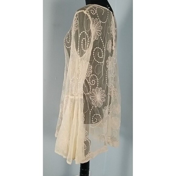Love Stitch Sheer Boho Floral Lace Tunic Top Large Back zip Split Bell Sleeve - Picture 6 of 13